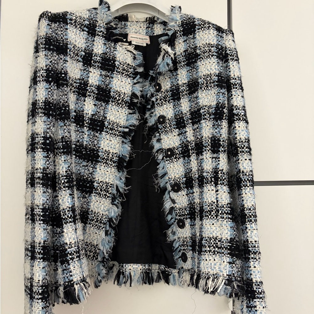 Alexander McQueen Black, Blue & White Plaid Fringe Bouclé Jacket